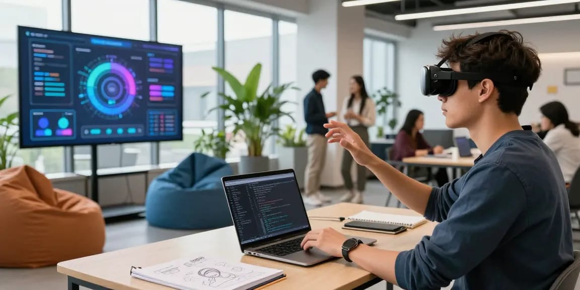 Young tech enthusiast using AR glasses in a bright co-working space demonstrating innovative features.