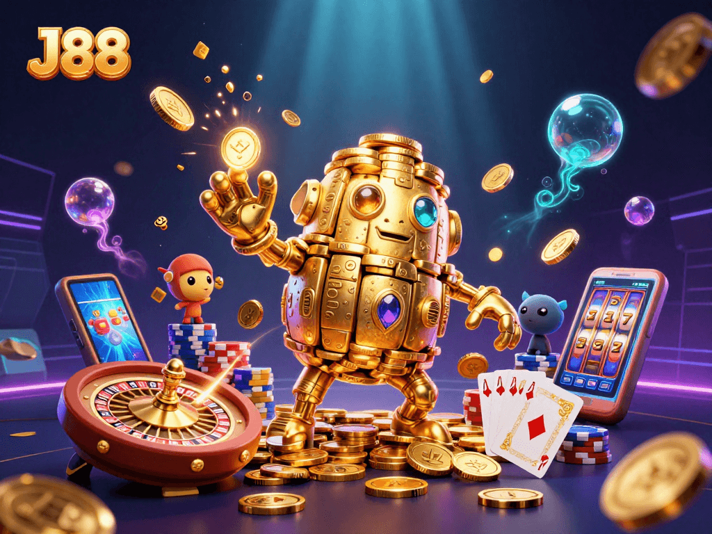 Engage with J88's exciting casino experience through vibrant 3D visuals and dynamic gaming elements.