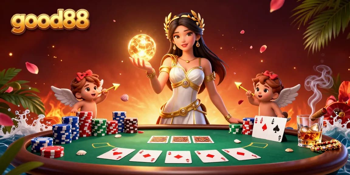 Experience the vibrant action at good88 casino with dynamic poker and angelic characters.