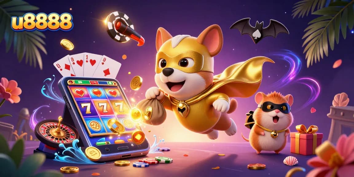 Engage with u8888's dynamic casino adventure featuring a superhero dog and hamster, slot games galore!