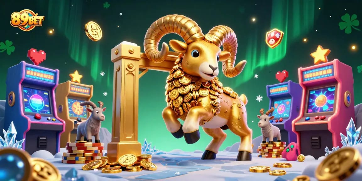 Engage with thrilling games at 89BET, where a golden ram charges through colorful casino elements.