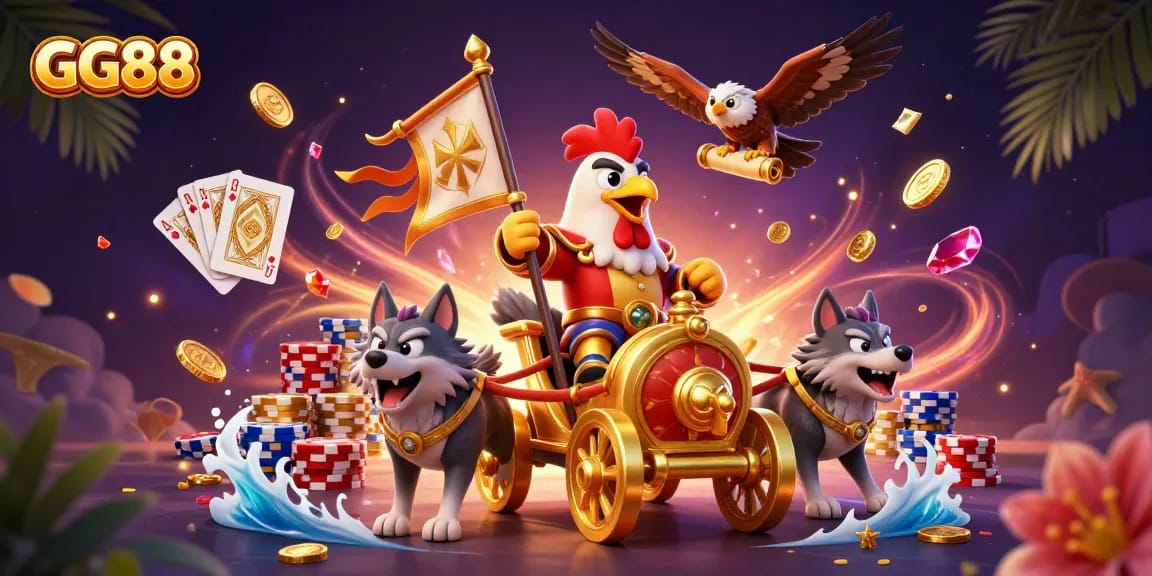 Experience thrilling gameplay at GG88 with a dynamic scene of a rooster warlord and battle elements.