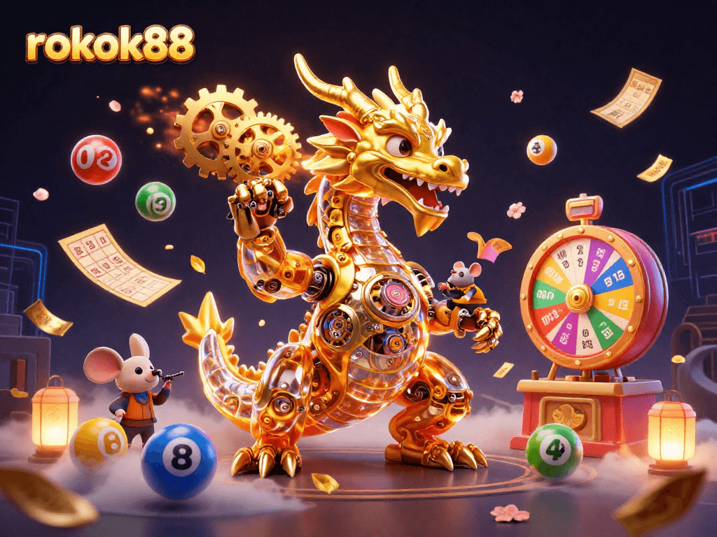 Experience the thrilling energy of rokok88 with a vibrant golden dragon and dynamic gambling elements.