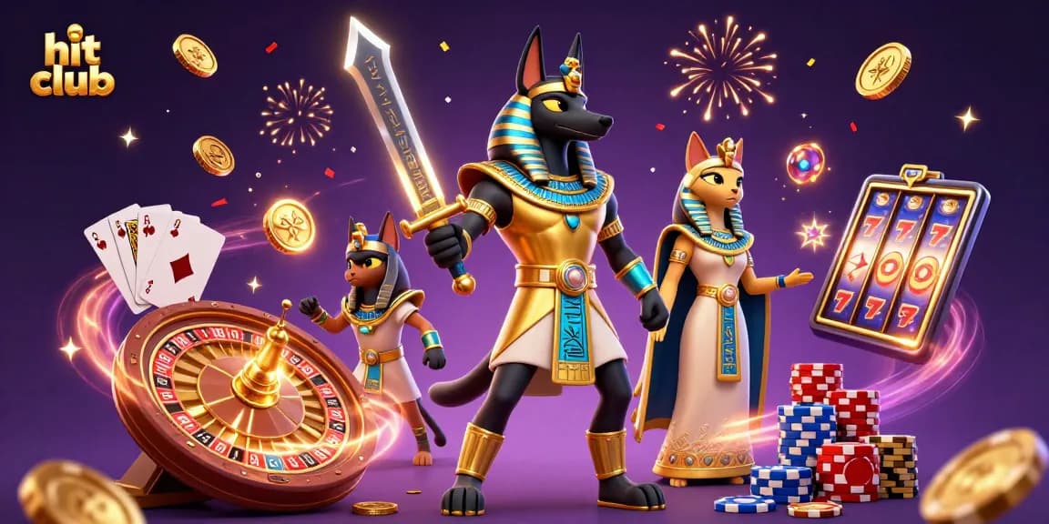 Hit club presents an electrifying scene of gaming excitement with dynamic slot reels, Anubis, and treasures.
