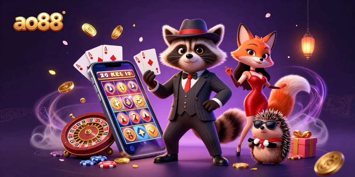 Experience the excitement of ao88 with a vibrant depiction of casino characters in action.