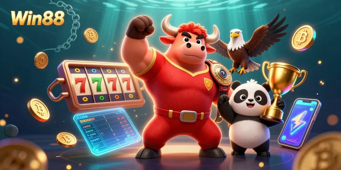 Win88 showcases a vibrant casino scene with characters celebrating, surrounded by slot elements and cryptocurrency coins.