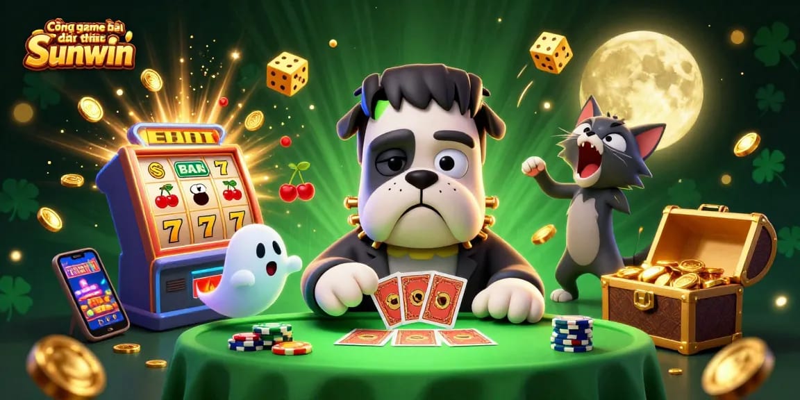 Cổng game bài đổi thưởng Sunwin showcases a thrilling casino scene with dynamic characters and vivid gambling elements.