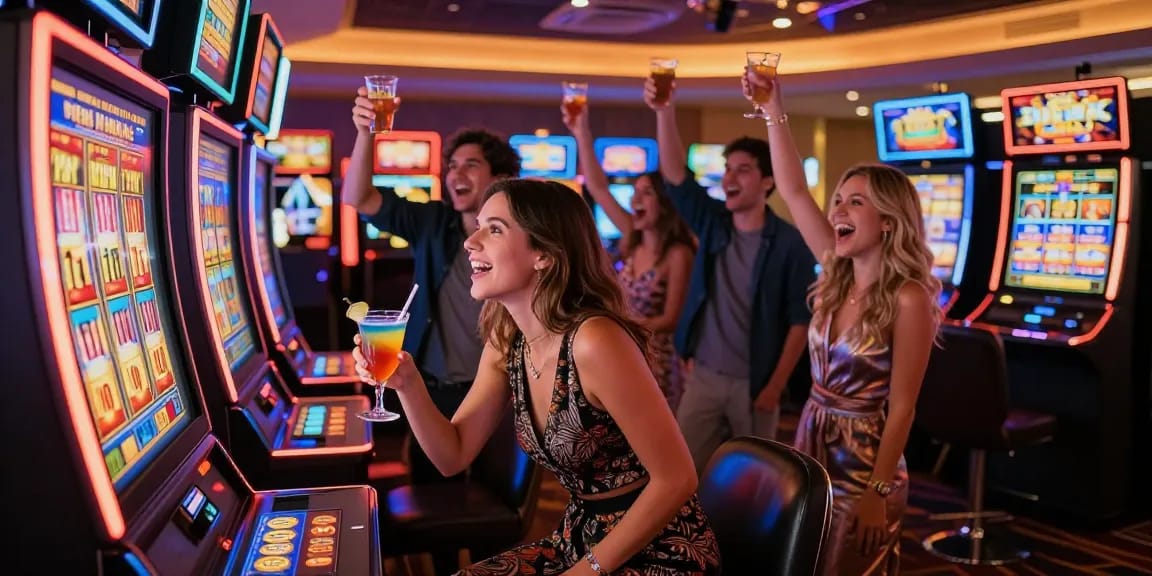 Excited players celebrating a slot jackpot win at a vibrant casino.