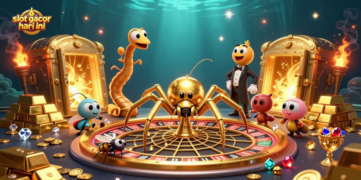 Experience slot gacor hari ini through a dynamic golden spider web illustration featuring betting action.