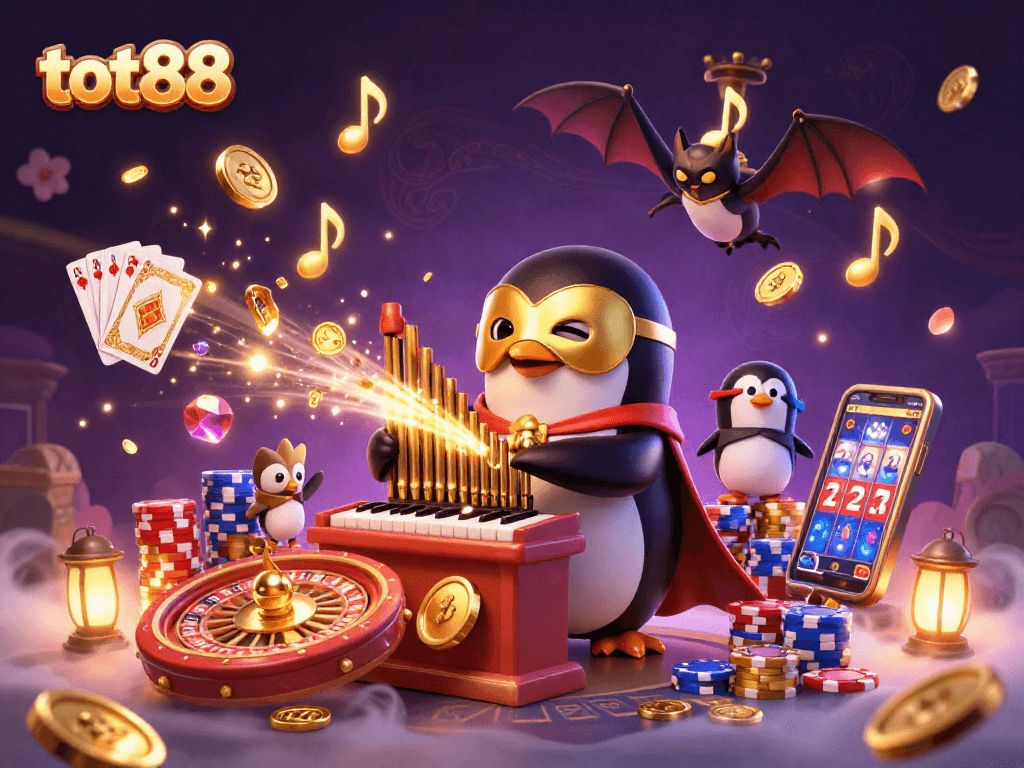 Experience tot88 casino magic with a penguin organist, golden coins flying, and captivating gameplay elements.