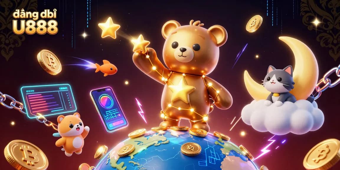 Engage with đăng ký U888 through a vibrant, dynamic illustration showcasing crypto elements and casino themes.