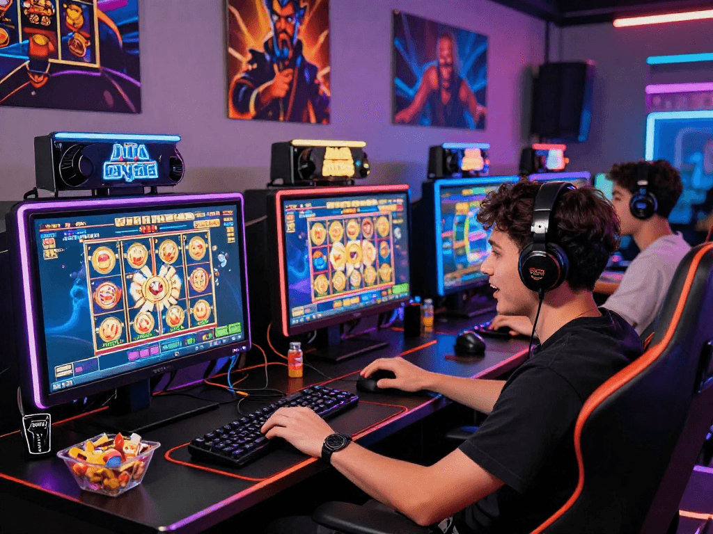Player enjoying judi slot games in a vibrant online gaming setup with multiple screens and lively atmosphere.