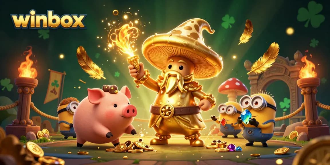 Winbox players chase golden treasures amidst fantasy creatures in a magical casino.
