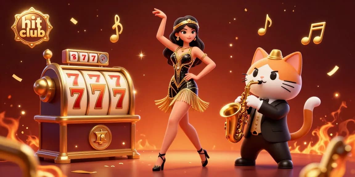 Experience thrilling gaming at hit club with vibrant scenes of slot reels, sparkling confetti, and dynamic characters.
