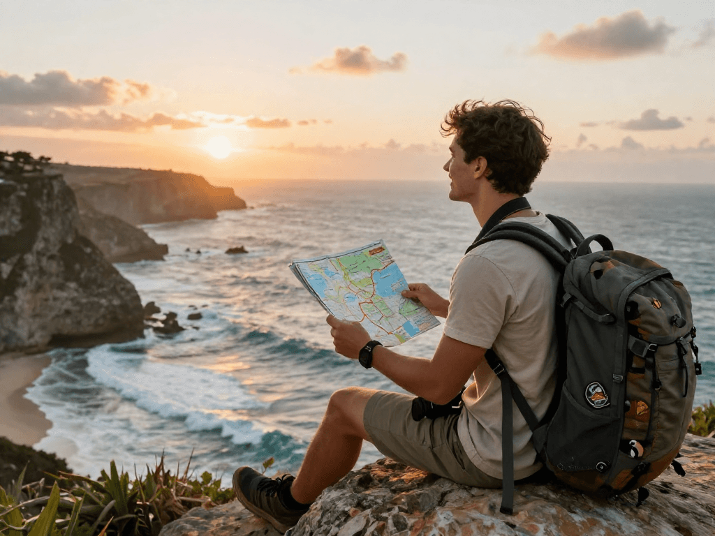 Traveler enjoying lavowin login for travel tips at a coastal overlook during sunset.