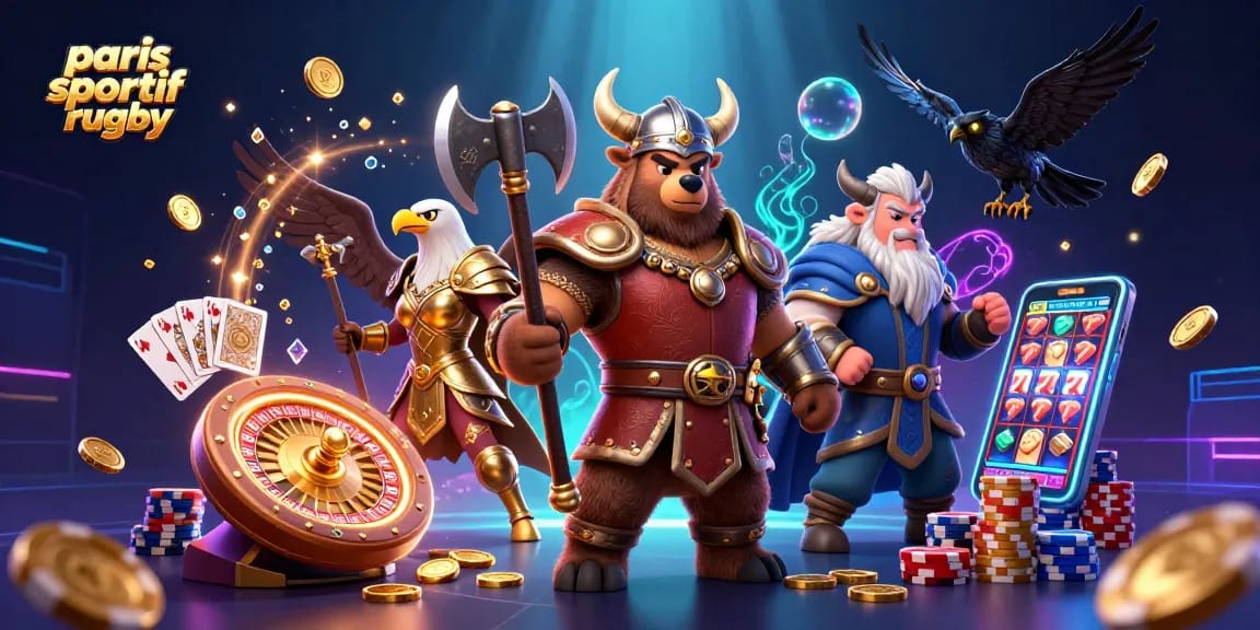 Les paris sportif rugby deviennent captivants avec cette illustration 3D dynamique, mettant en scène un ours viking et une aigle valkyrie.