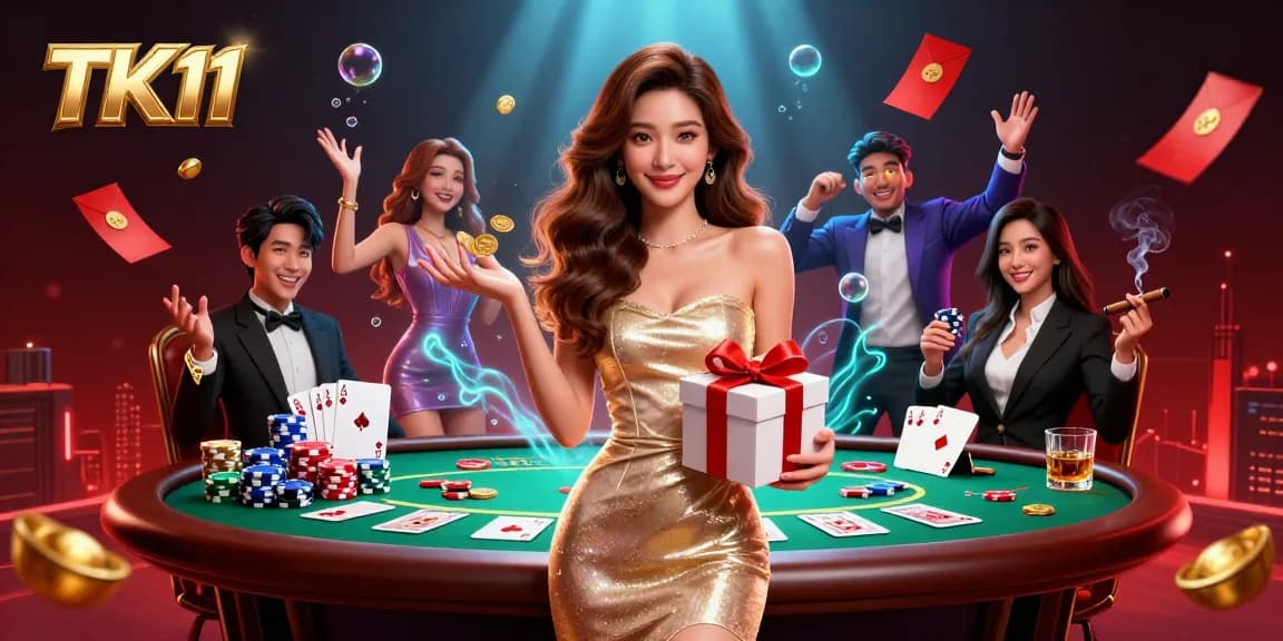 Indulge in TK11's thrilling casino atmosphere with a stunning Asian woman amid poker chips and games.