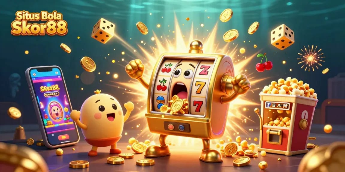 Situs Bola Skor88 shows an animated jackpot celebration with cheering slot machines and dynamic casino elements.