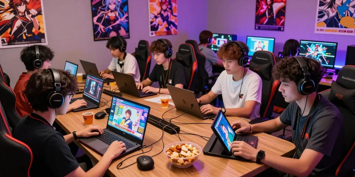 Group of gamers enjoying hentaigames on multiple devices in a vibrant gaming lounge.
