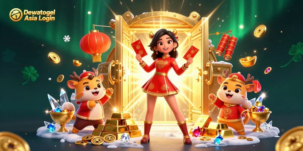Dewatogel Asia Login showcases an Asian woman amid festive elements, representing exciting online gaming.