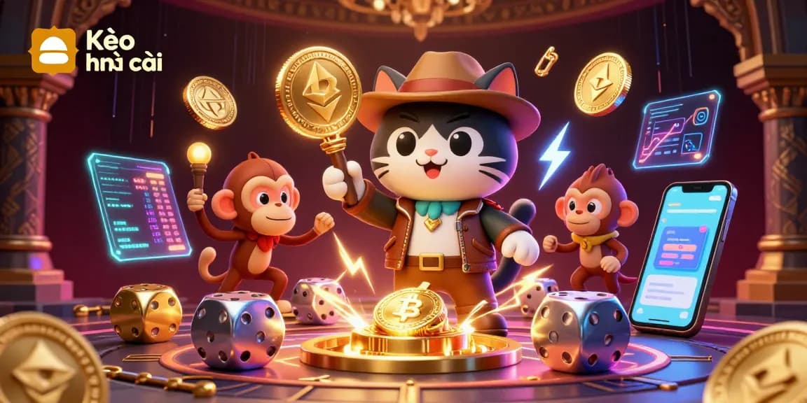 Engage with Kèo nhà cái through a vibrant 3D illustration showcasing a cartoon archaeologist cat discovering a casino artifact.
