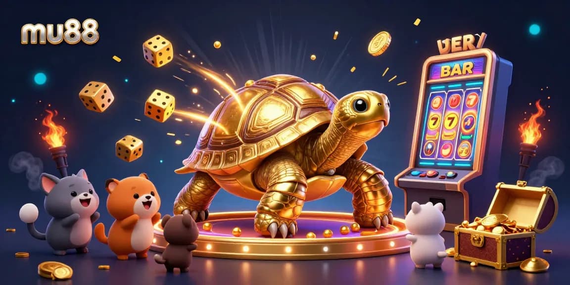 Experience the thrill of mu88 with a dazzling golden tortoise pinball machine surrounded by colorful slot game elements.