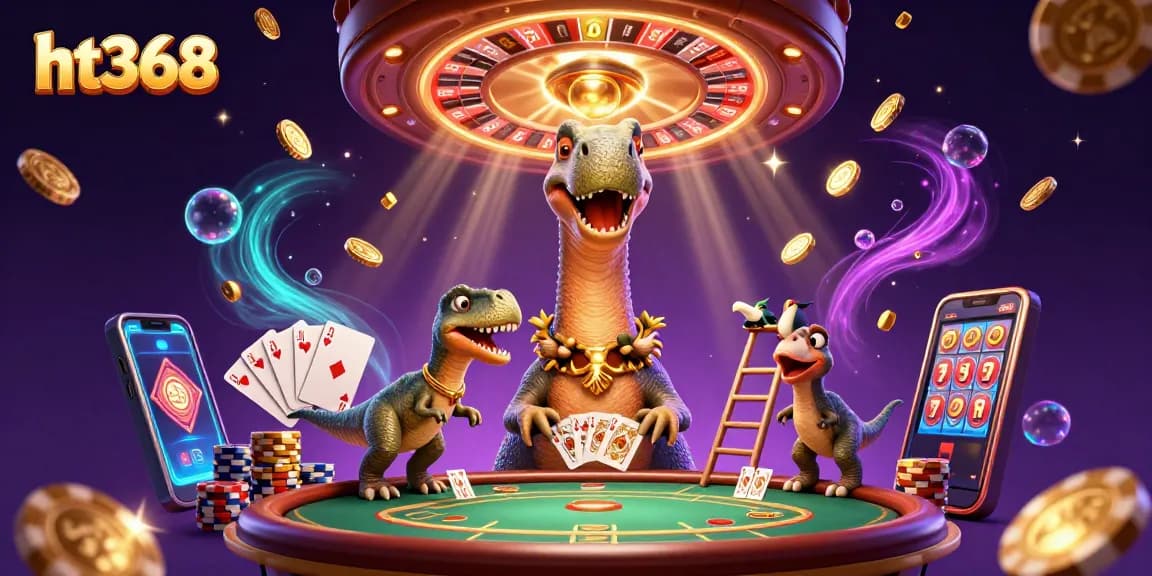 Experience thrilling gameplay with ht368 as a brontosaurus looms over a vibrant casino scene.