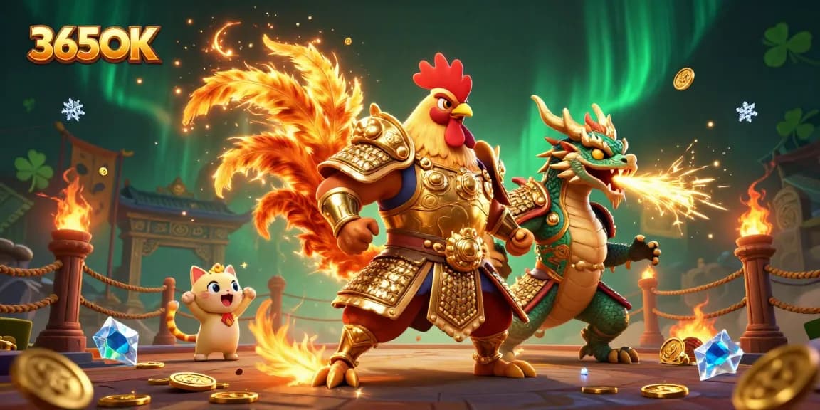 Experience the thrill of winning at 365OK with dynamic gaming action featuring a warrior rooster, armored dragon, and fortune cat.