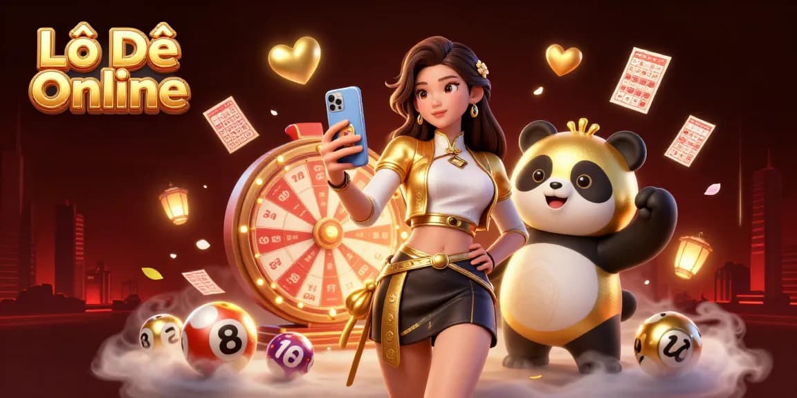 Lô Đề Online players engaging with exciting lottery games and a golden panda mascot.