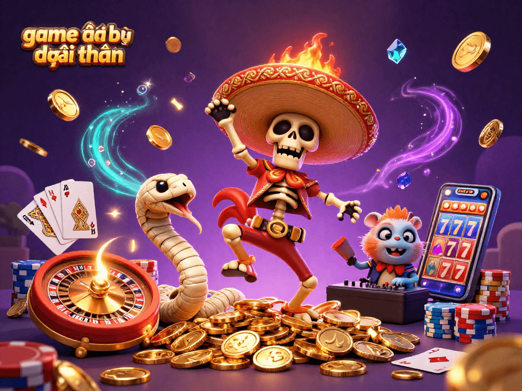 Experience game đánh bài đổi thưởng with animated casino elements in a vibrant 3D illustration.
