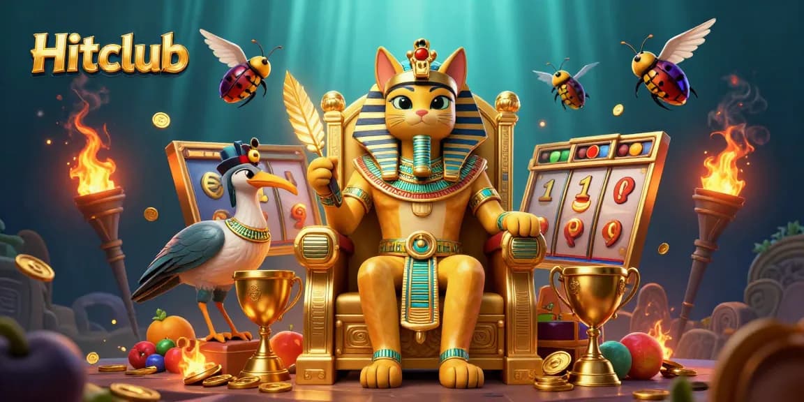 Hitclub showcases a thrilling slots experience with a pharaoh cat and vibrant game elements.