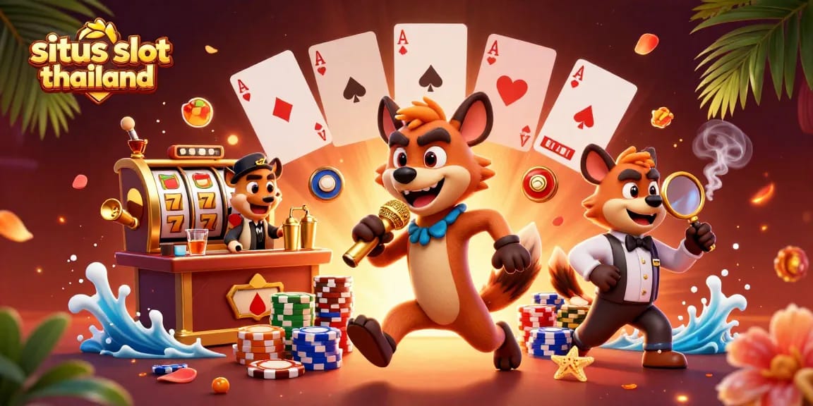 Engage with situs slot thailand's immersive casino scene featuring hyenas and slot games, a vibrant 3D illustration.