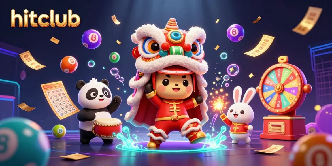 Experience exciting jackpots at hitclub with vibrant casino-themed illustrations, featuring a lively lion dance.
