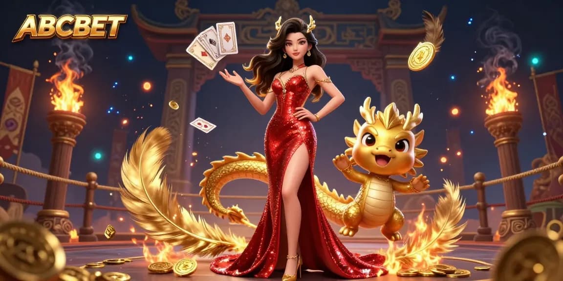 Experience the excitement of ABCBET with a vibrant casino scene featuring a stunning Asian woman and a golden dragon.