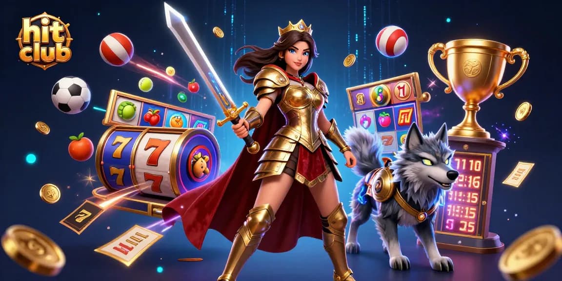 Experience the thrill at hit club with vibrant slot game reels and a warrior queen in action!