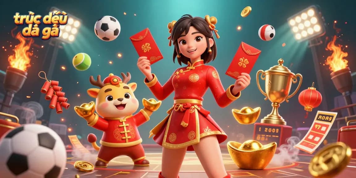 Experience trực tiếp đá gà with dynamic sports elements and vibrant Asian festivities in this energetic illustration.
