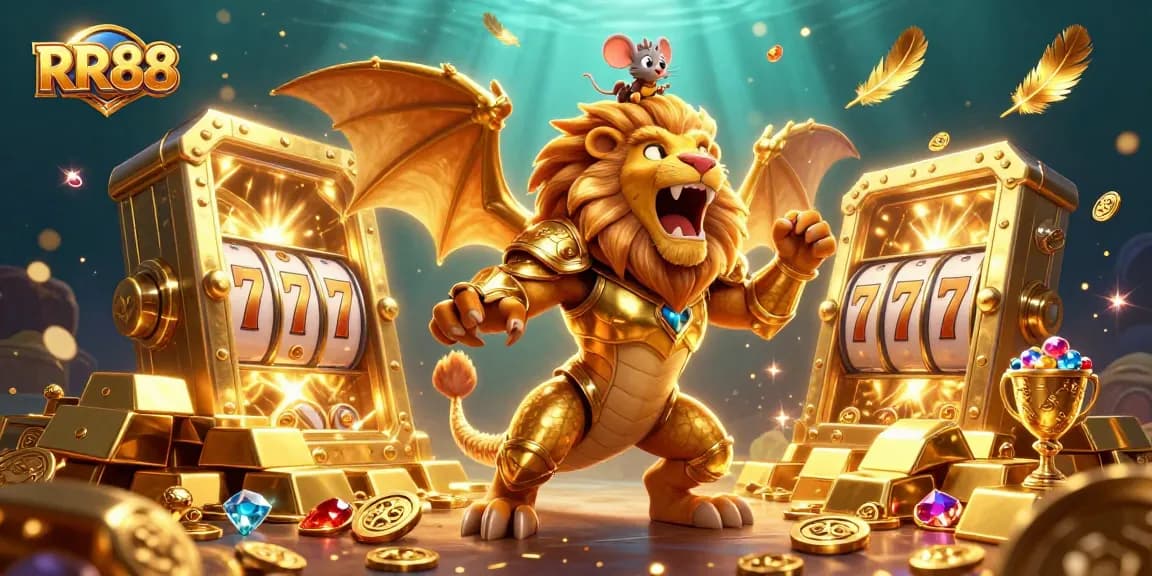 Engage with RR88's thrilling casino universe, featuring a dynamic chimera and lucky symbols.