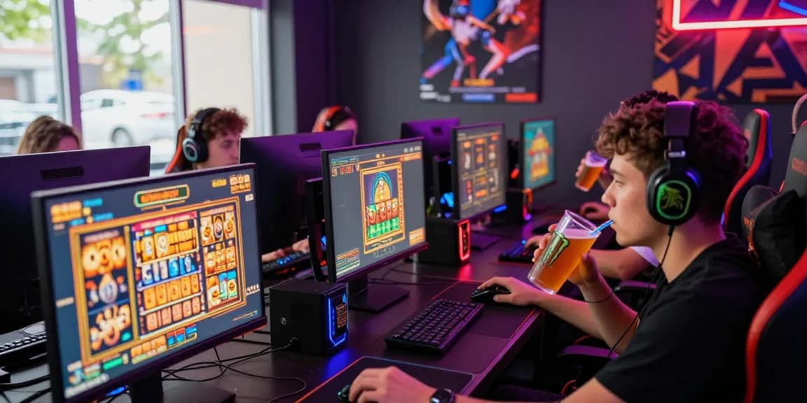 Playbook88 engaging online gaming scene with players intensely focused on vibrant slot machine graphics.