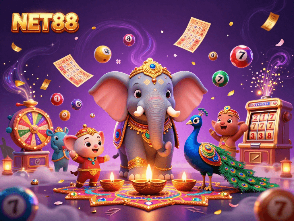 NET88 features a lively 3D illustration showcasing a Diwali-themed elephant surrounded by dynamic casino elements.