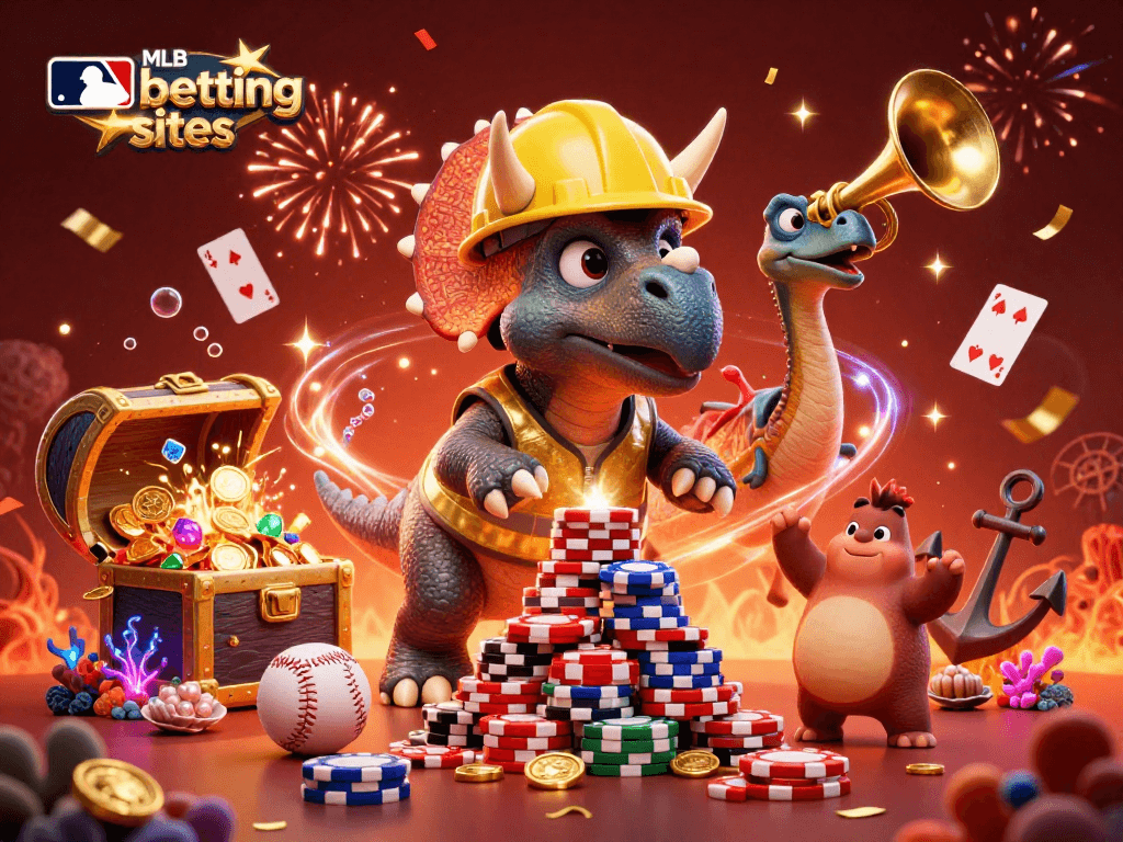 Celebrate mlb betting sites with a 3D triceratops building poker chips amidst vibrant gaming elements.