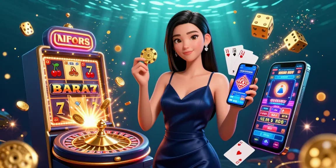 Nohu jackpot scene featuring an elegant Asian woman, slot machines, and coins bursting with excitement.