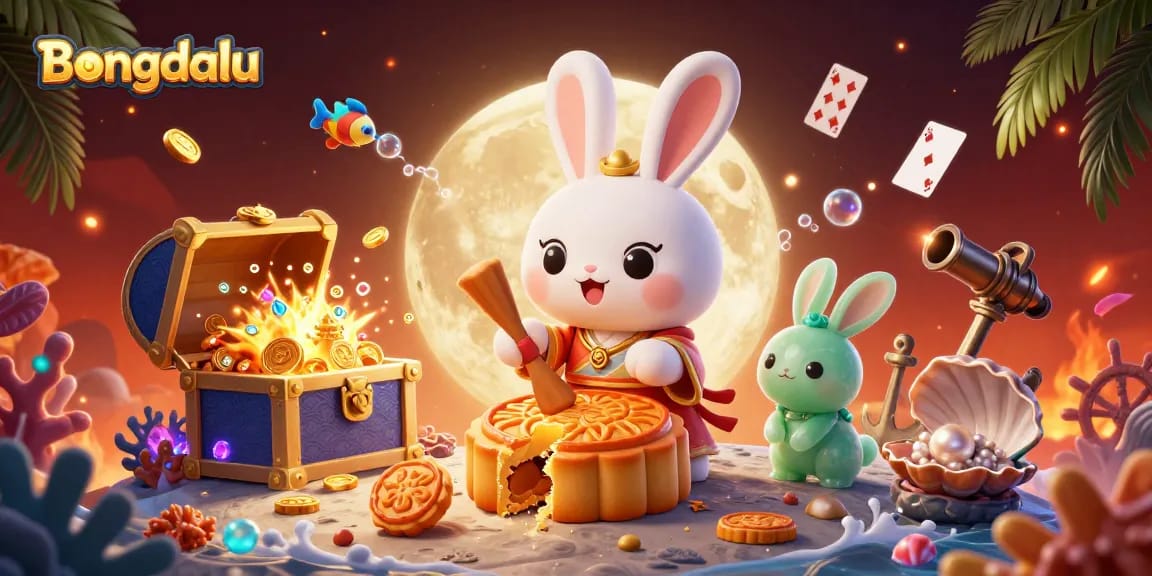Bongdalu showcases a vibrant lunar scene featuring the moon rabbit revealing poker chips, rich in gambling themes.