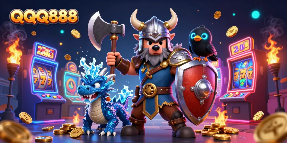 Spin the reels of exciting slots with QQQ888, featuring a Viking wolf warrior, dragon, and slots-themed elements.