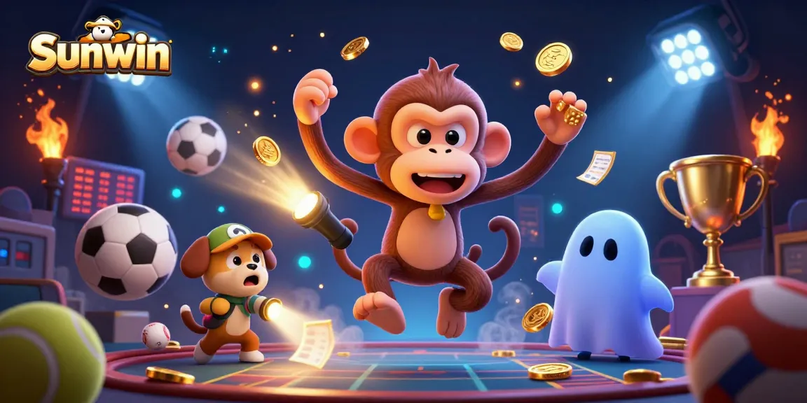 Engaging illustration of Sunwin depicting a playful ghost monkey and a curious puppy in a vibrant haunted casino scene.