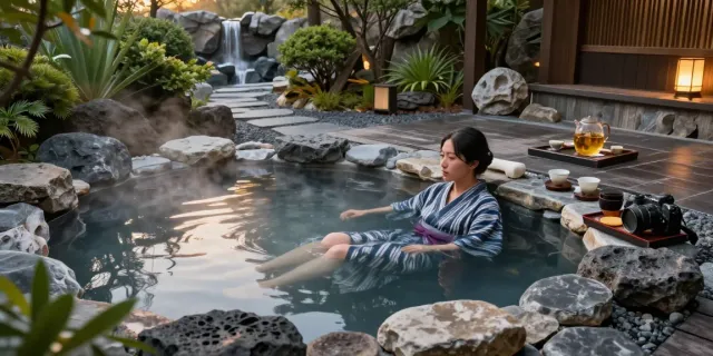 Relaxing in the volcanic mineral water of rokok88 slot login onsen, enriched with natural elements in a tranquil setting.