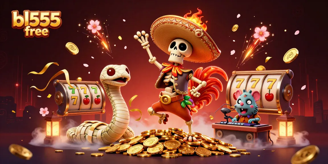 Engage with bl555 free's vibrant casino experience featuring characters celebrating atop golden jackpots.