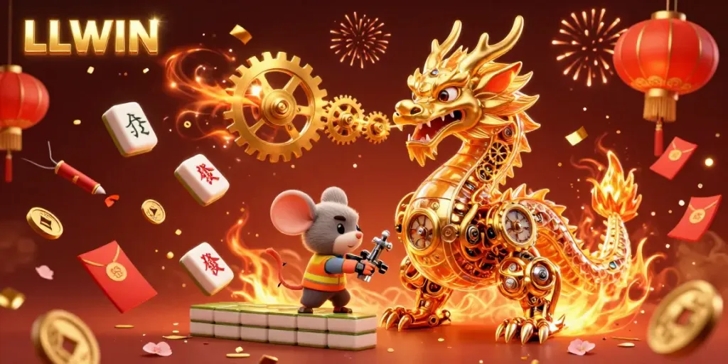 Experience the LLWIN excitement with a golden dragon breathing gears and cogs amid casino elements
