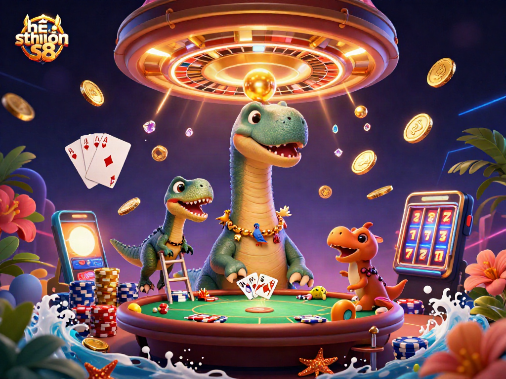 Experience the vibrant 3D casino world with hệ thống s8, showcasing playful dinos dealing cards amidst golden coins.