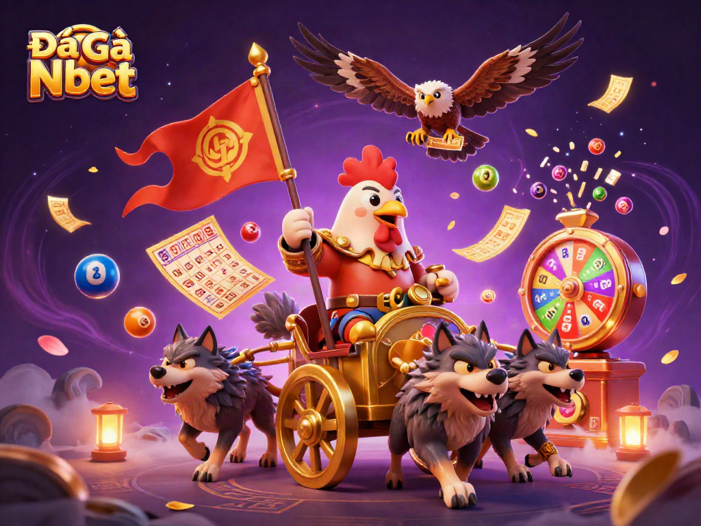 Experience the thrill of Đá Gà Nbet with a cartoon rooster warlord amidst vibrant gambling elements.