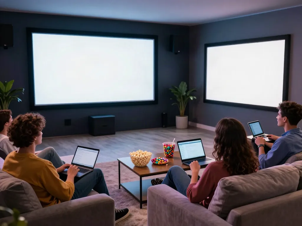 Friends enjoying a movie night streaming on ZoeChip with vibrant colors, snacks, and cozy atmosphere.